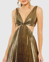 Gold Pleated Metallic Cutout Gown